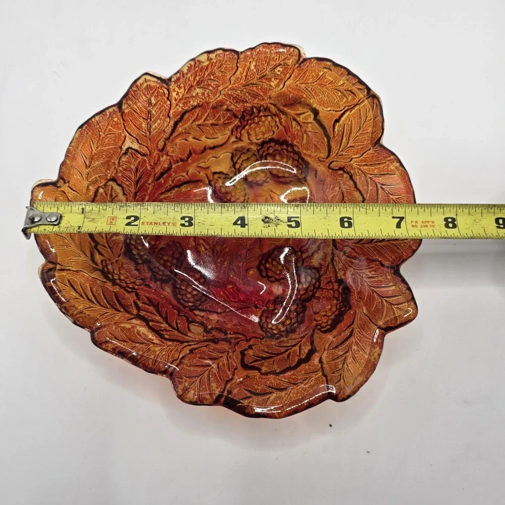 Vintage Amber‎ Pressed Glass Blackberry Leaf Dish Fall Harvest Cottagecore Decor